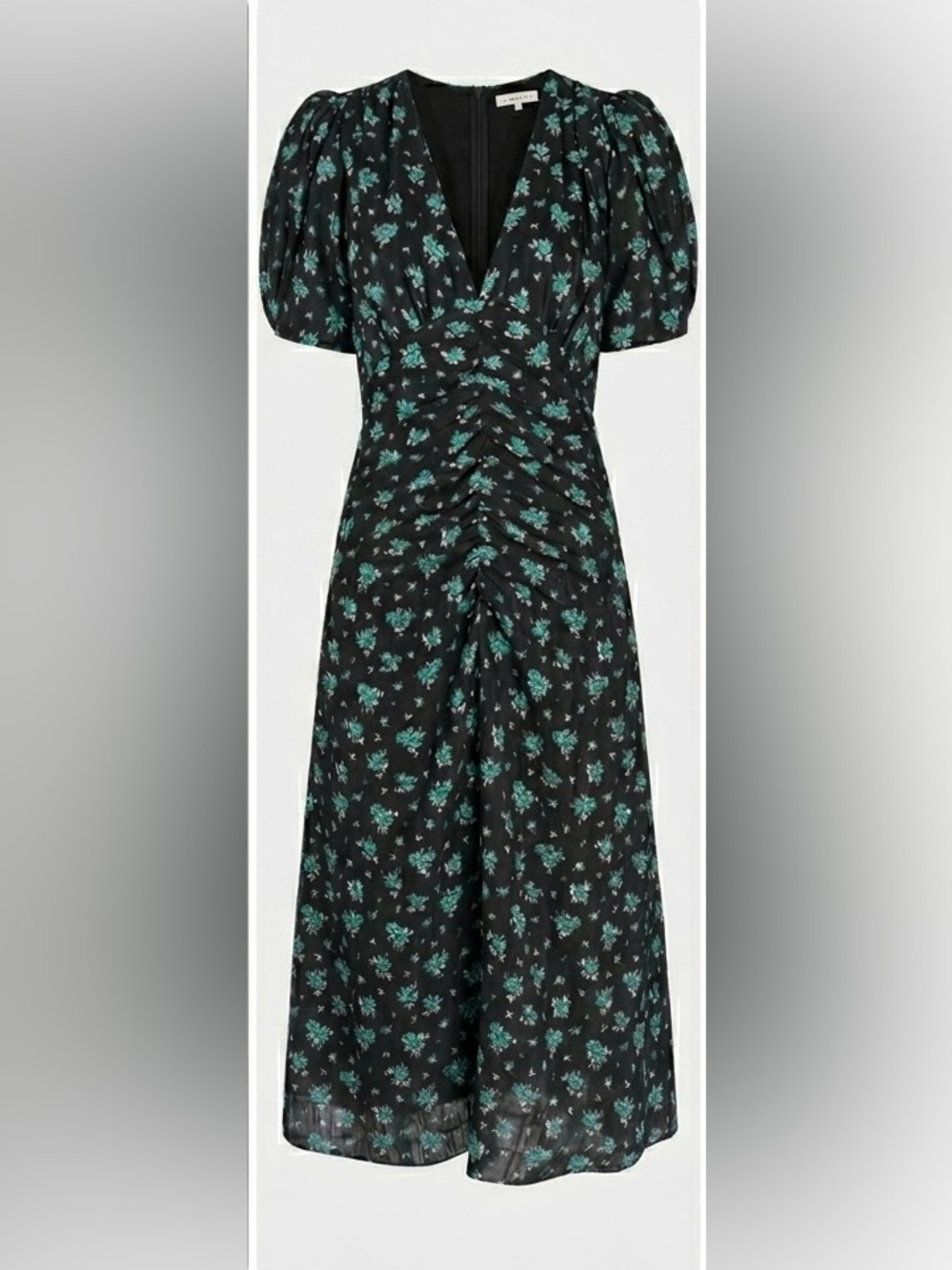 $425 Masscob Floral Print Ruched Detail Dress in Black / Green Floral Size S